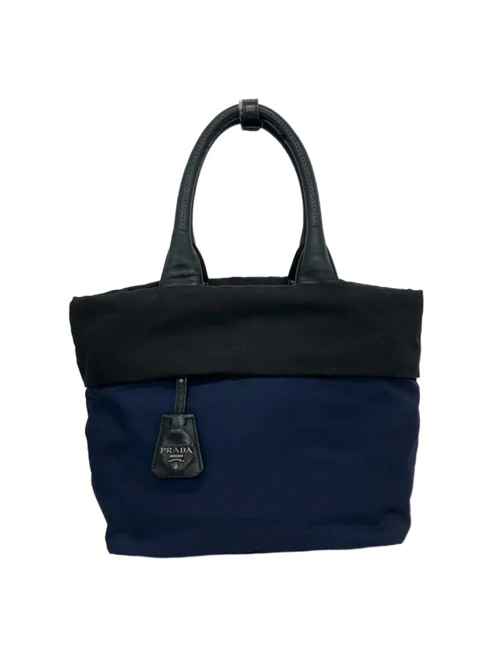 Prada Tote Tessuto Double Navy Black Leather